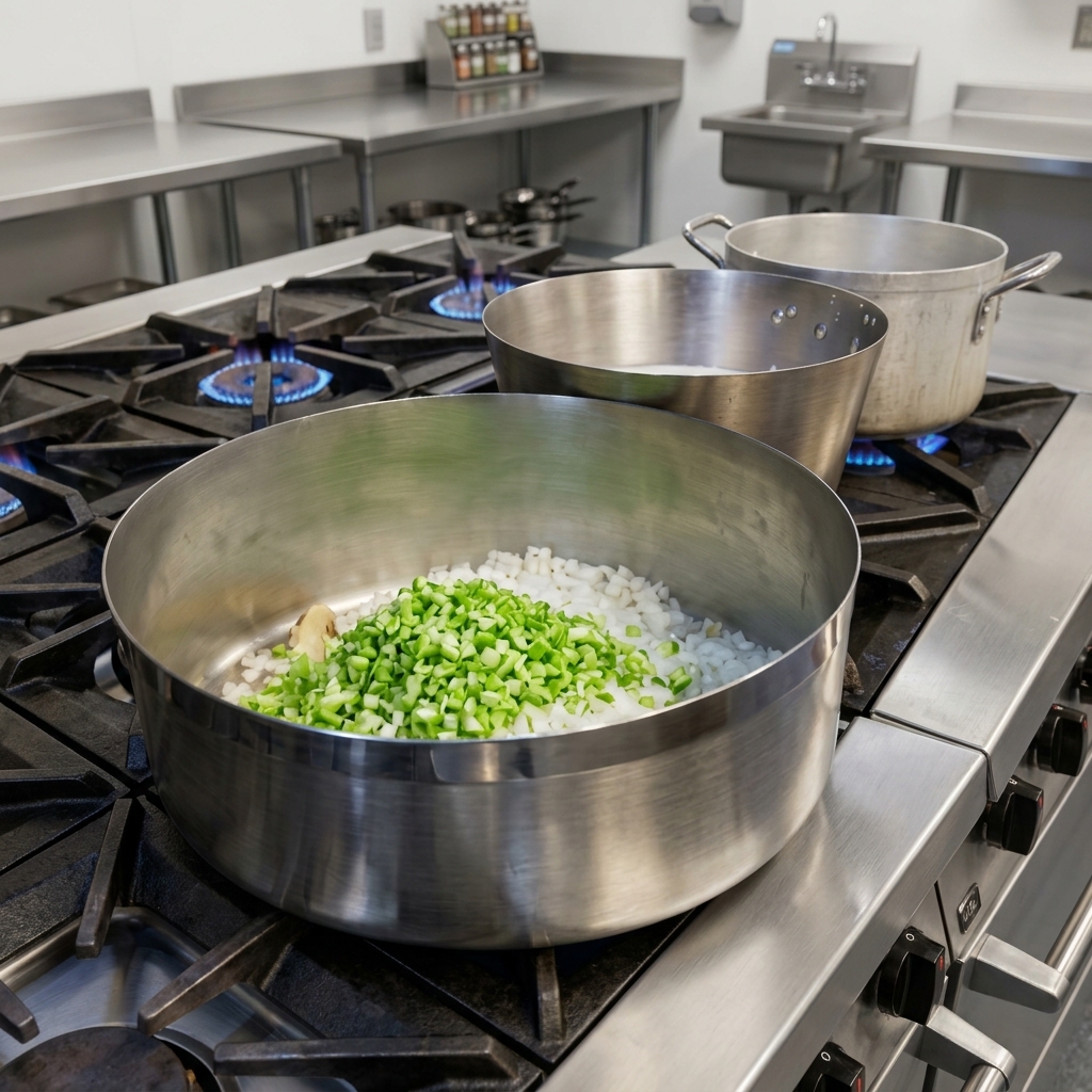 Une grande casserole en métal sur une cuisinière à gaz remplie doignons blancs coupés en dés et de poivrons verts prêts à être sautés.