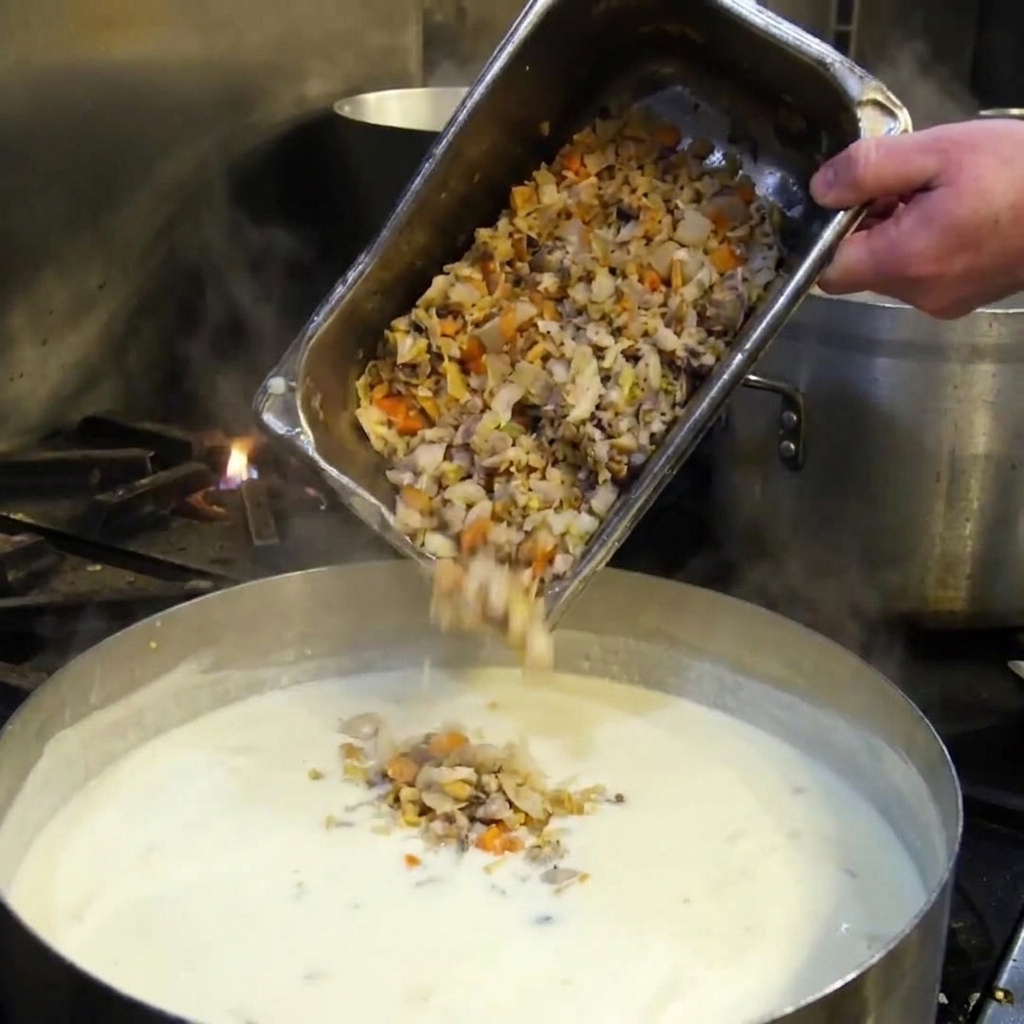 Un plateau en métal utilisé pour verser un mélange de palourdes hachées et de légumes dans une grande casserole de soupe à la crème blanche frémissante.