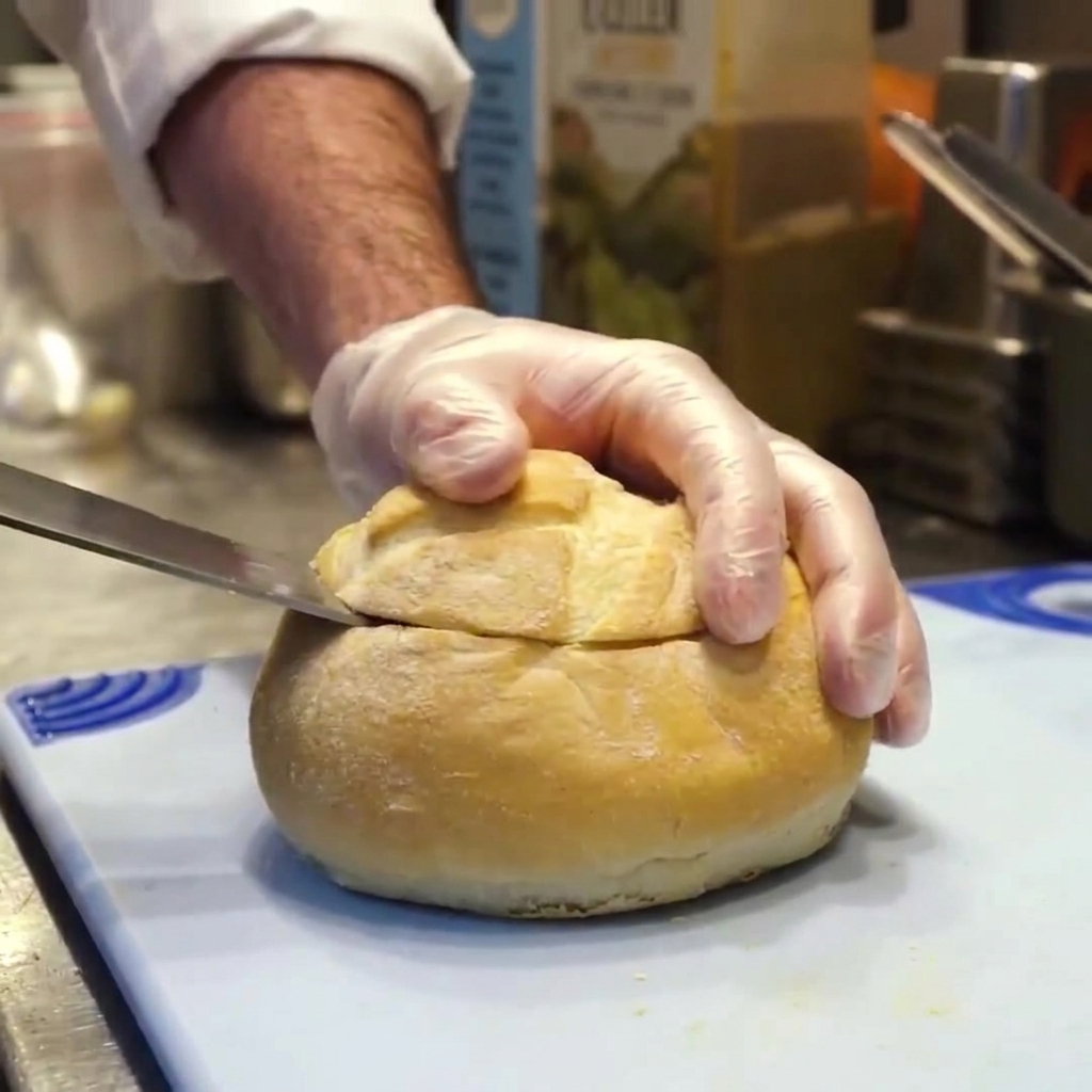 Une personne portant des gants de cuisine utilisant un couteau pour couper le dessus dune miche de pain ronde et croustillante.