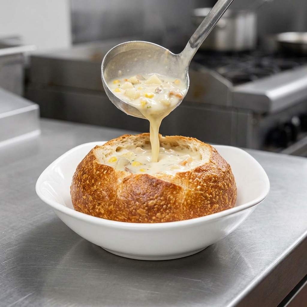 Une louche en métal versant un chowder de palourdes épais et crémeux garni de pommes de terre et de palourdes dans un bol de pain croustillant.