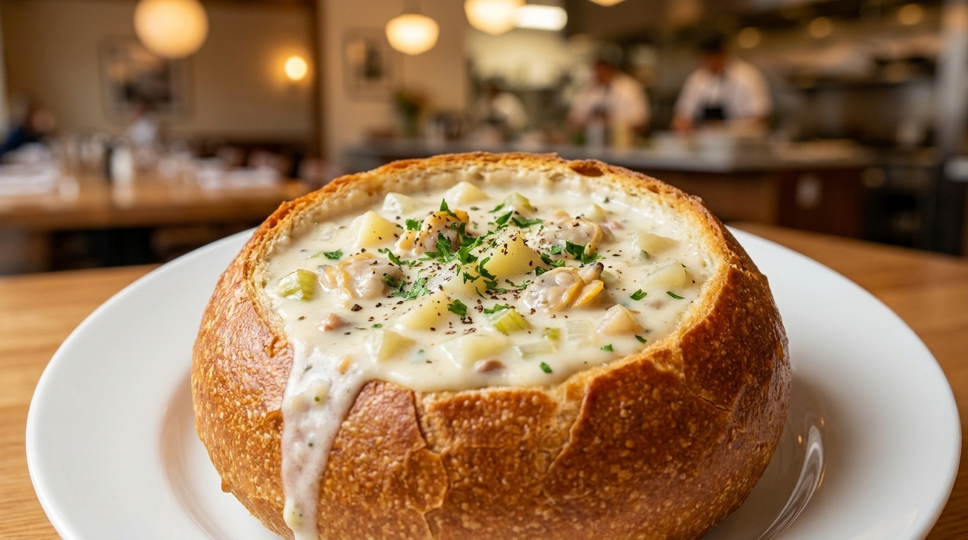 Chowder de palourdes de Nouvelle-Angleterre classique en bol de pain