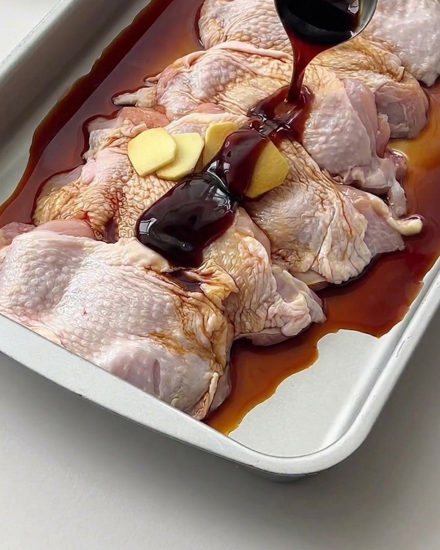 Sauce soja foncée versée à laide dune petite louche sur les cuisses de poulet crues et le gingembre.