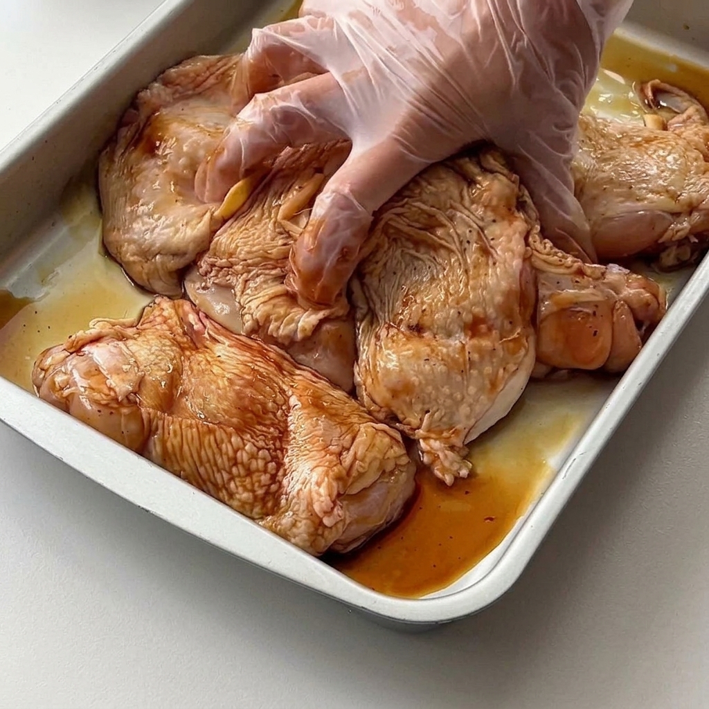Une main gantée massant et mélangeant la marinade dans les cuisses de poulet crues à lintérieur dun plateau.
