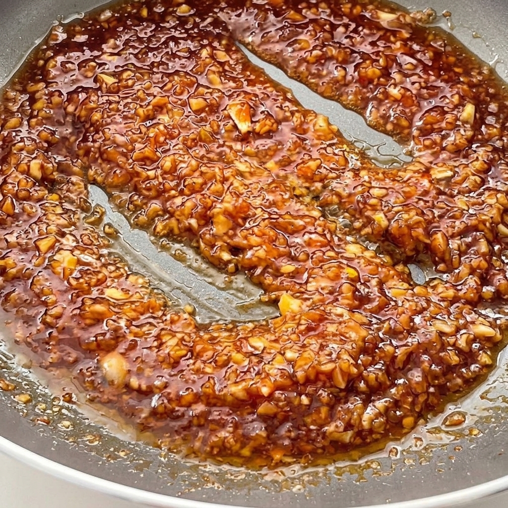 Un mélange de sauce à lail et de soja riche, sombre et bouillonnant dans une poêle.