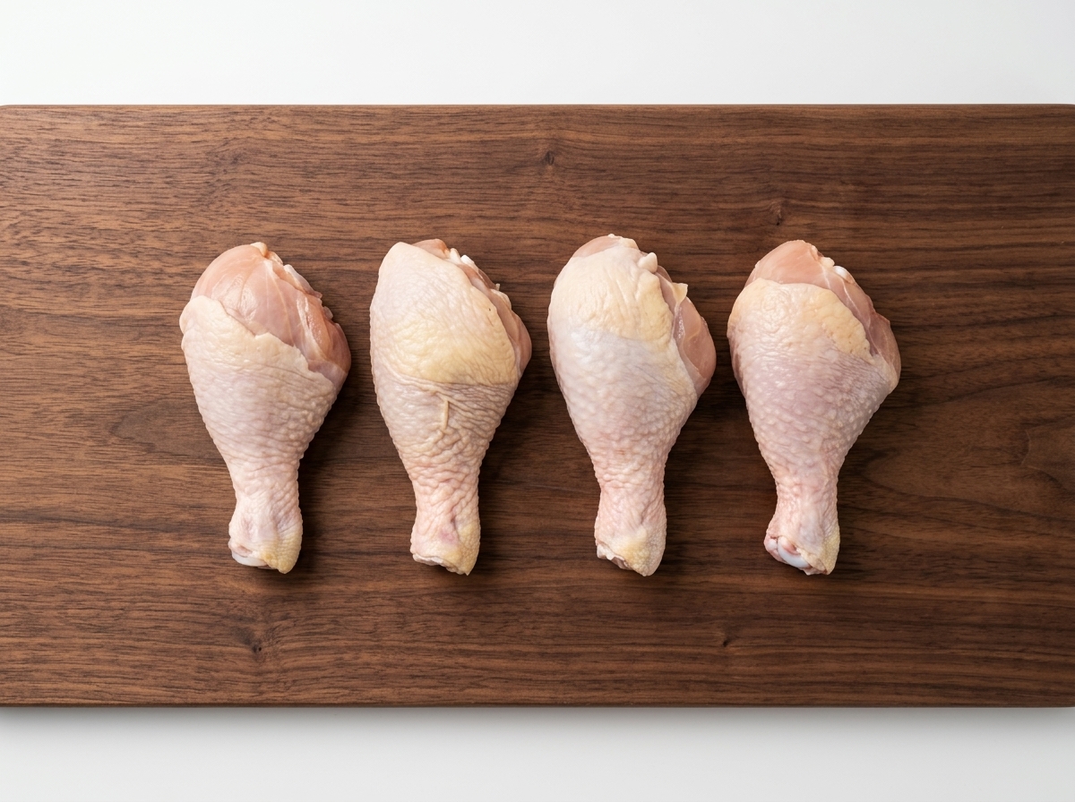 Quatre pilons de poulet crus disposés proprement côte à côte sur une planche à découper en bois foncé.