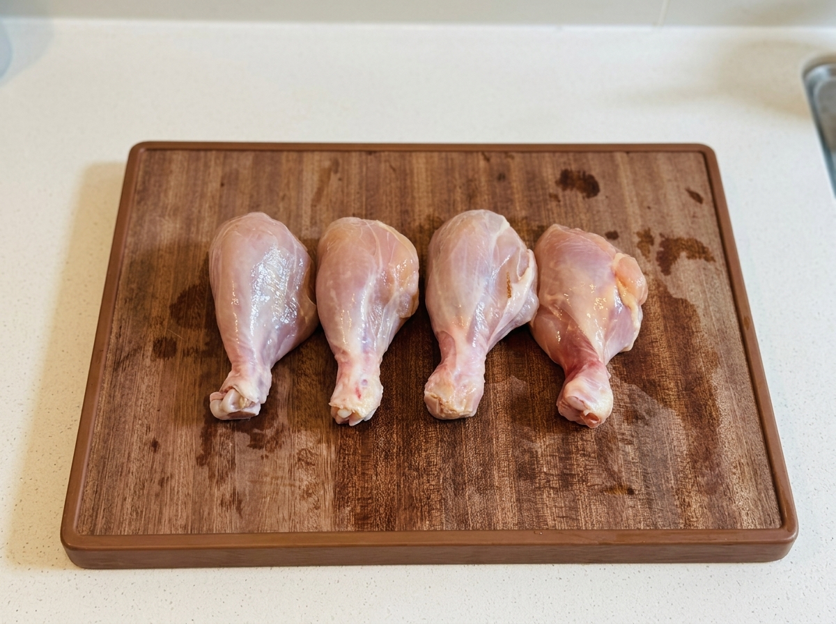 Quatre pilons de poulet crus sans peau reposant sur une planche à découper marron.