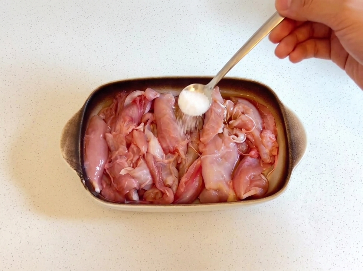 Une cuillère de sel saupoudrée sur des morceaux de poulet crus à lintérieur dun plat en céramique.