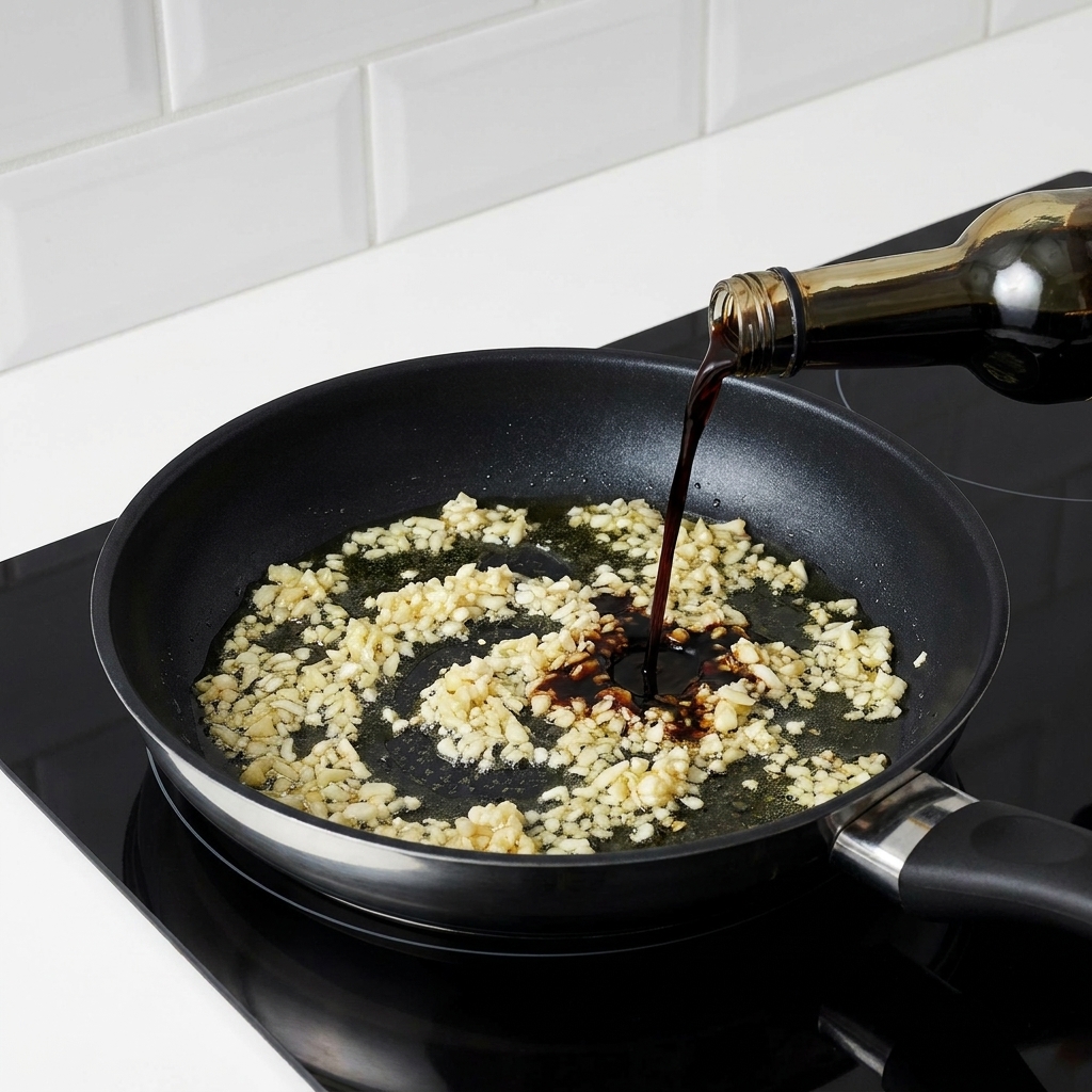 De la sauce soja claire versée dune bouteille dans une poêle contenant de lail haché sauté.