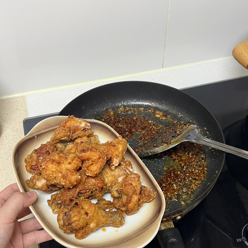 Une main tenant une assiette en céramique garnie de morceaux de poulet frit doré à côté dune poêle contenant un mélange de sauce frémissante.