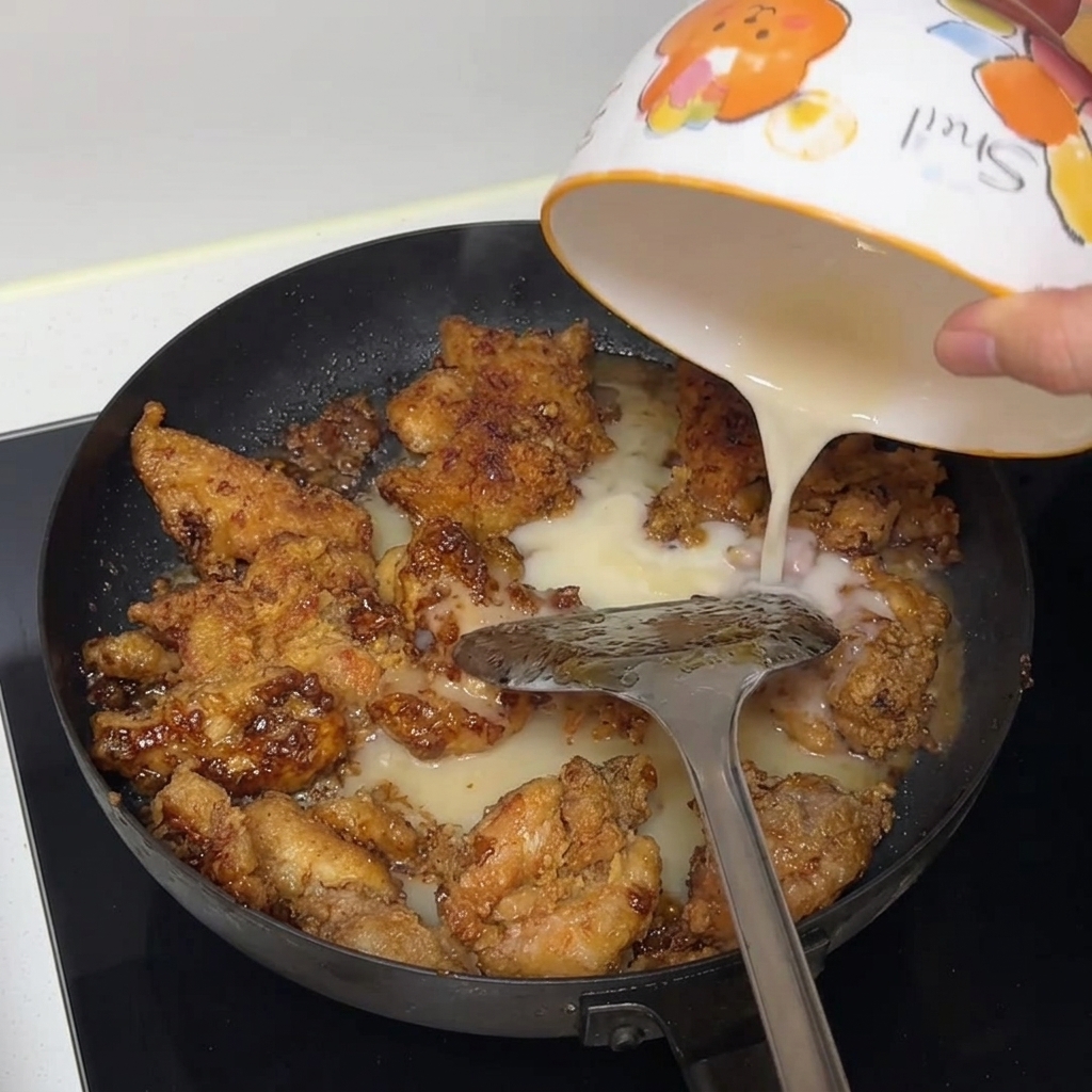 Des morceaux de poulet mijotant dans une sauce riche à lintérieur dune poêle sur feu vif.