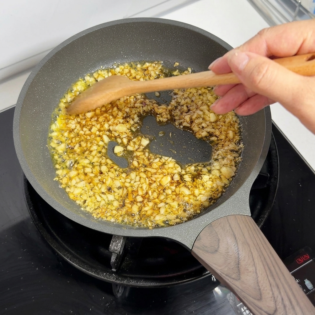 Ail haché et beurre fondants et mijotant dans une poêle avec une cuillère en bois qui remue.