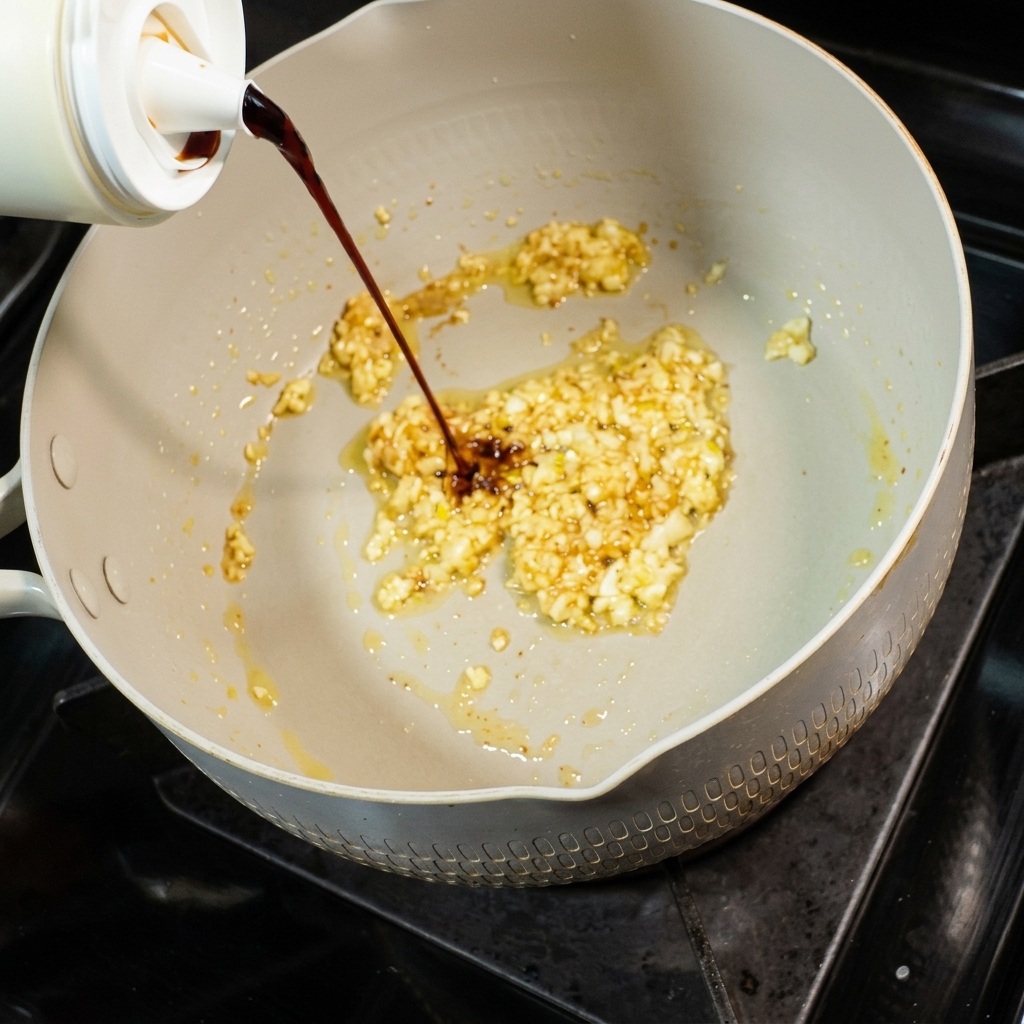 De la sauce soja claire versée dune bouteille dans la poêle avec lail frit.