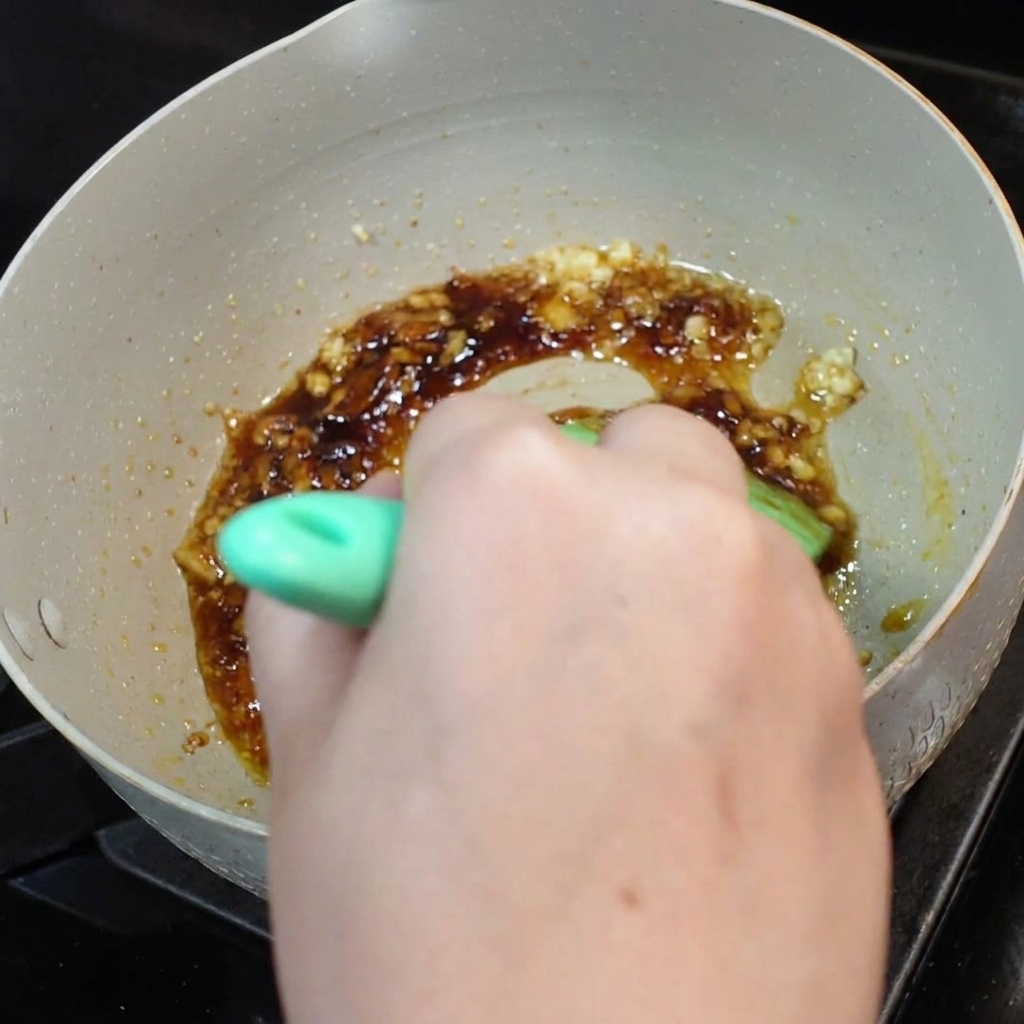 Le mélange de sauce remué soigneusement avec une spatule verte dans la poêle.
