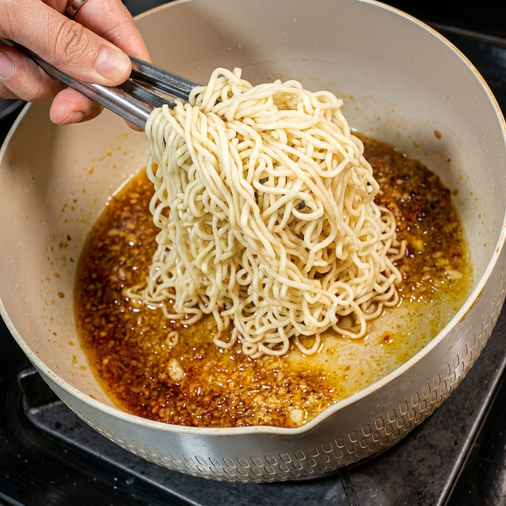 Une paire de pinces en métal soulève et dépose des nouilles cuites dans la poêle contenant la sauce.