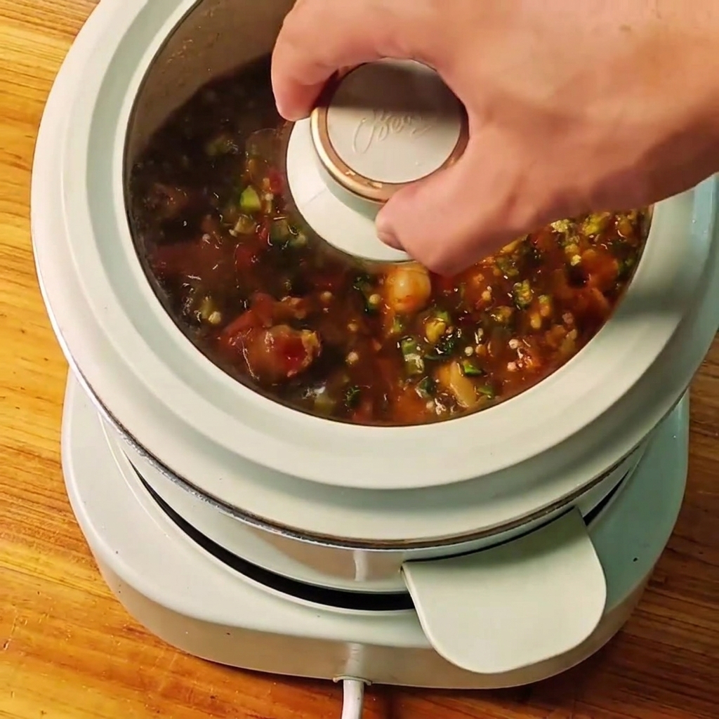 Un couvercle en verre placé sur la casserole blanche pour laisser mijoter le ragoût.