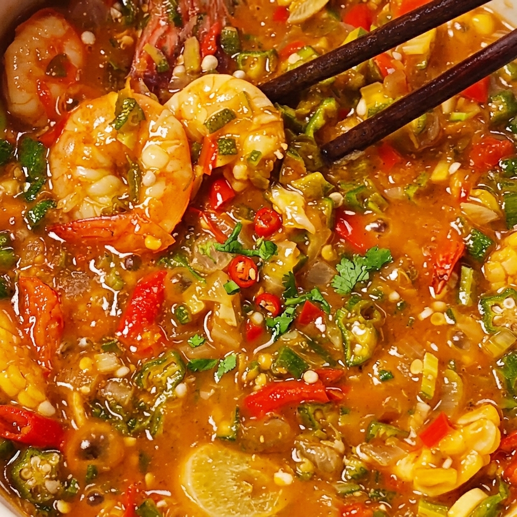 Une cuillérée de sel saupoudrée dans le ragoût épais et cuit de gombos et crevettes pour lassaisonnement.