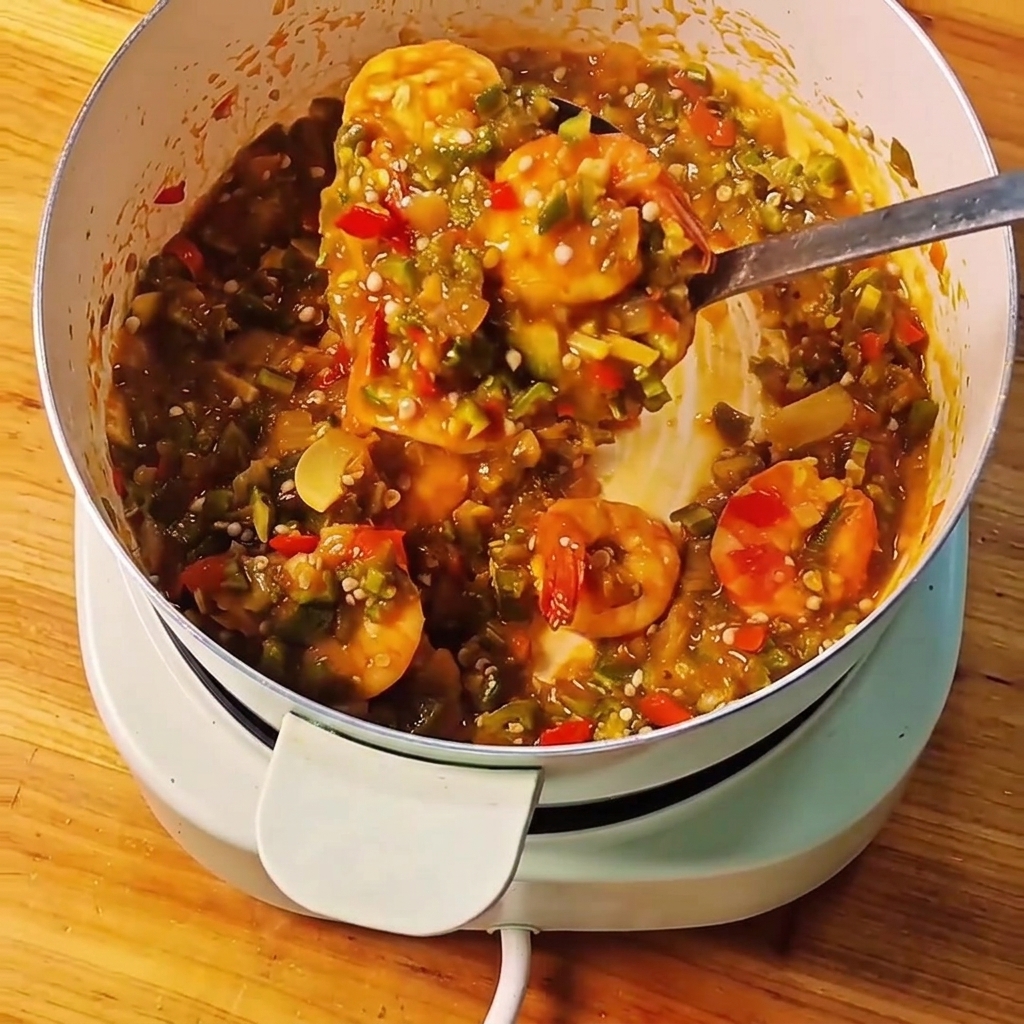 Une grande portion du ragoût fini, épais de gombos et crevettes, prélevée avec une louche en métal de la casserole.