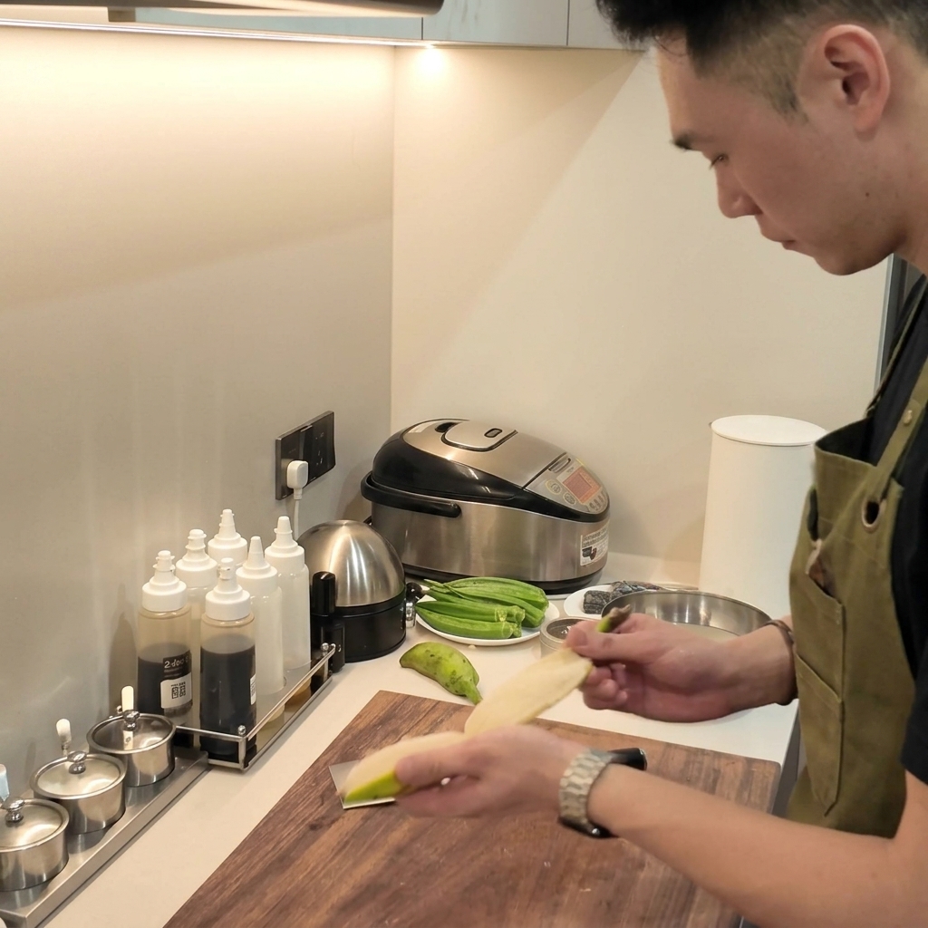 Une paire de mains tranchant une banane plantain crue épluchée en gros morceaux sur une planche à découper.