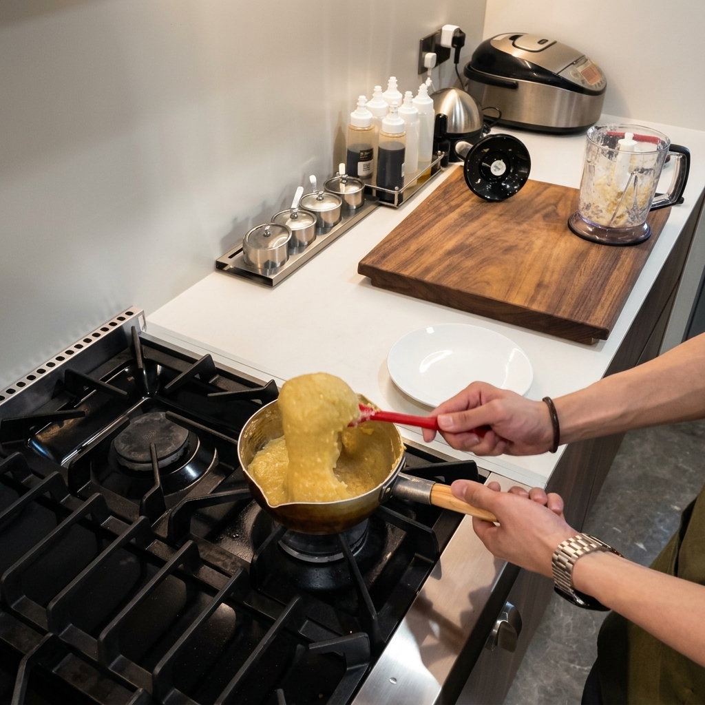 Une personne remuant vigoureusement une pâte de fufu épaisse et collante dans une casserole à laide dune spatule rouge vif.