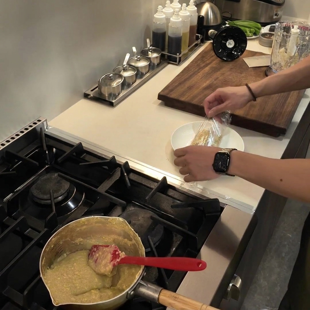 Des mains façonnant et emballant hermétiquement un bloc de fufu fraîchement cuit dans un film plastique transparent sur une assiette blanche.