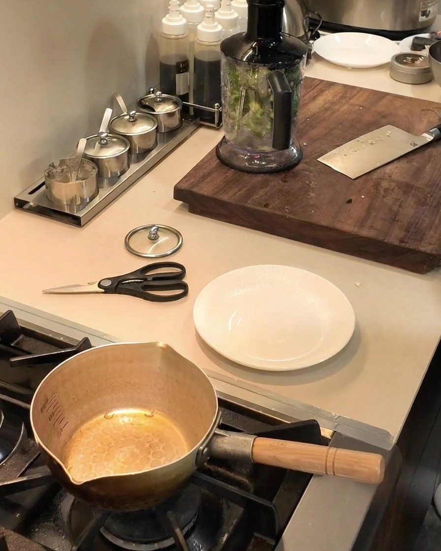 Un robot culinaire rempli de gombos verts hachés posé sur un plan de travail de cuisine, prêt à être actionné.