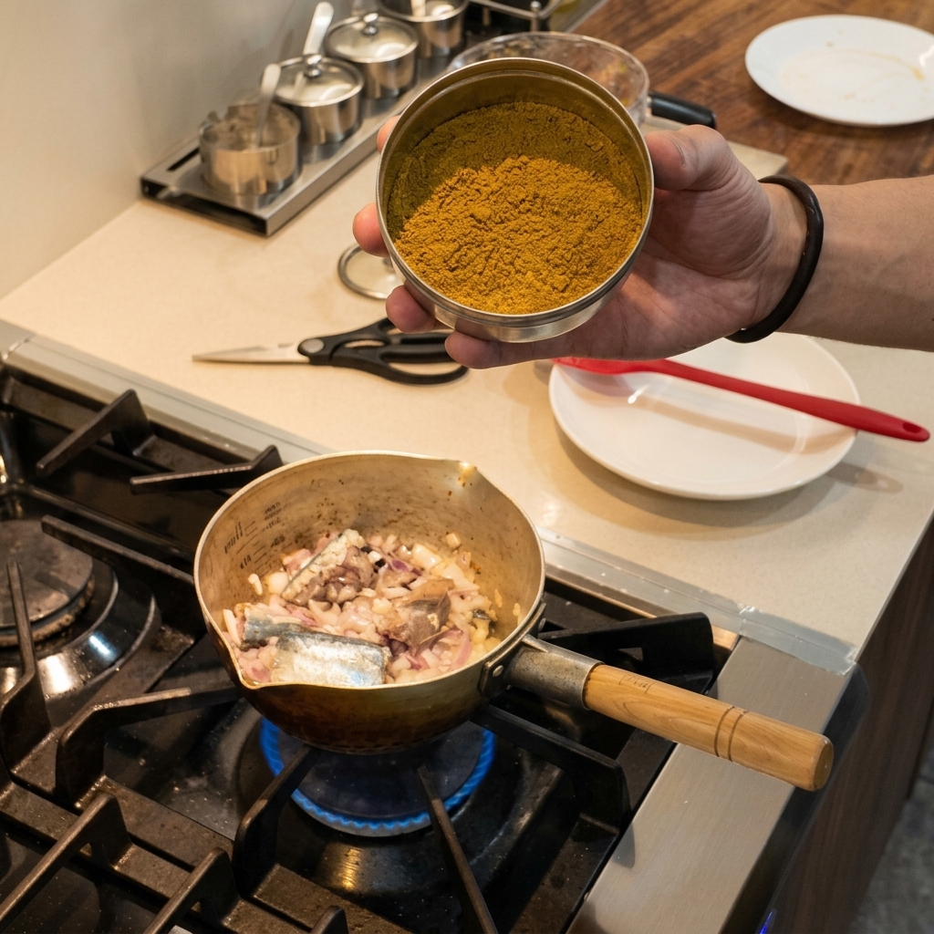 Une main tenant un bol de poudre dépices masala de poisson jaune au-dessus dune marmite remplie de poisson et doignons.