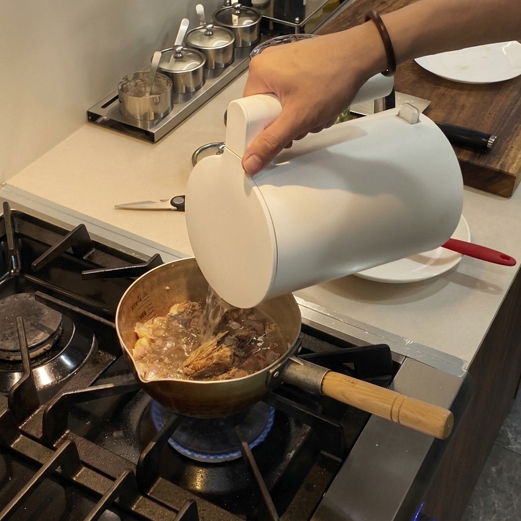 Un récipient blanc versant de lhuile pimentée rouge foncé dans une marmite de bouillon frémissant sur le feu.