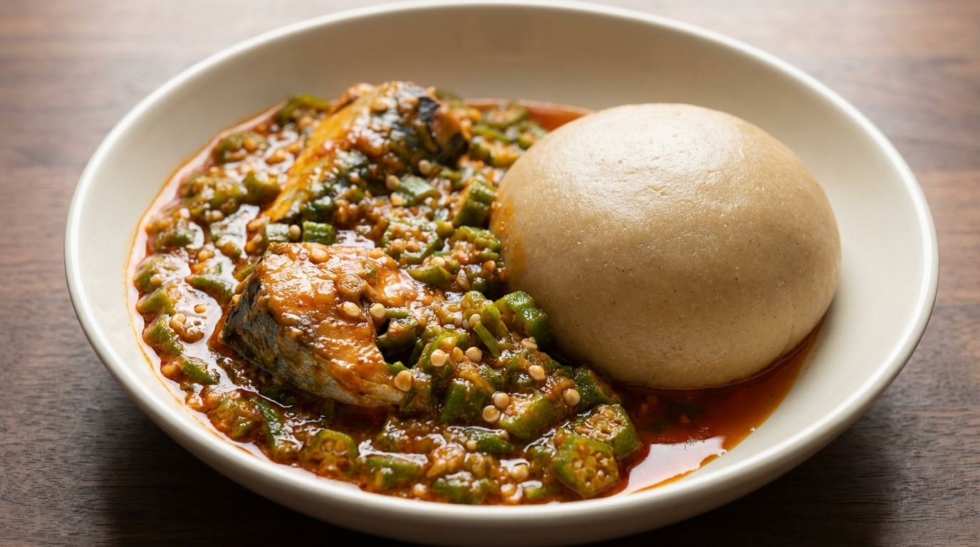 Fufu africain avec soupe de gombos et de poisson