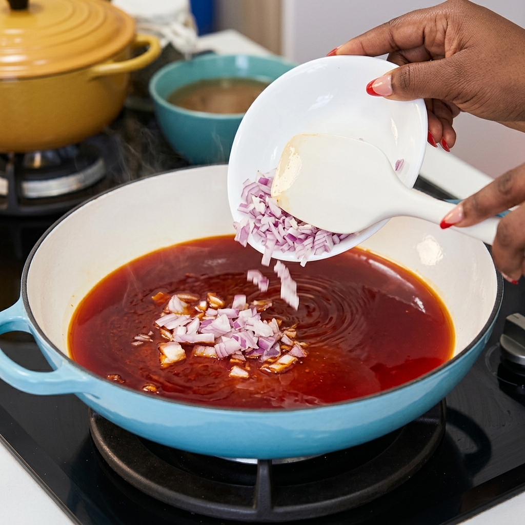 Des oignons rouges en dés versés depuis un plat blanc dans une poêle remplie dhuile de piment rouge éclatante.