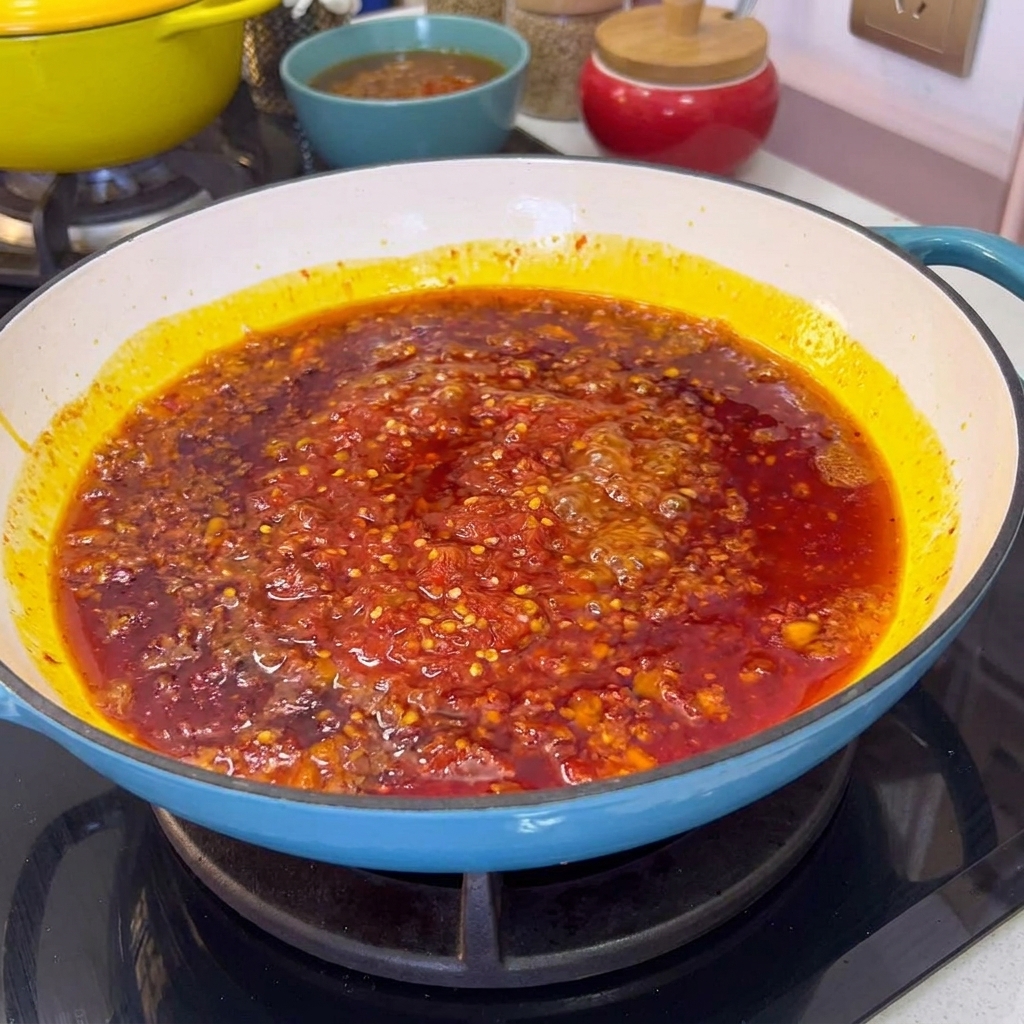 De la sauce chili rouge qui frémit et bouillonne dans une poêle avec de lhuile et des oignons.