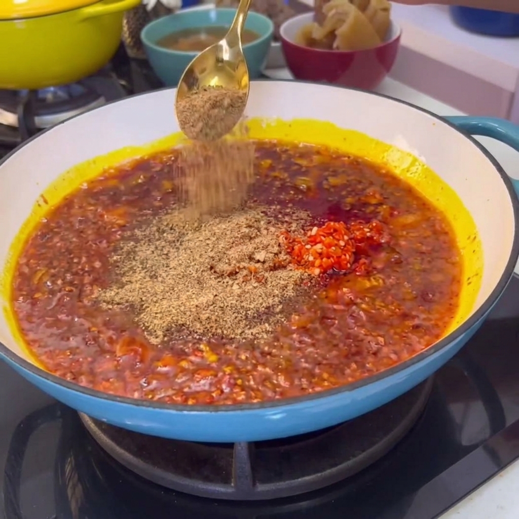 Une cuillère dépices en poudre saupoudrée sur la sauce chili rouge frémissante dans une poêle.