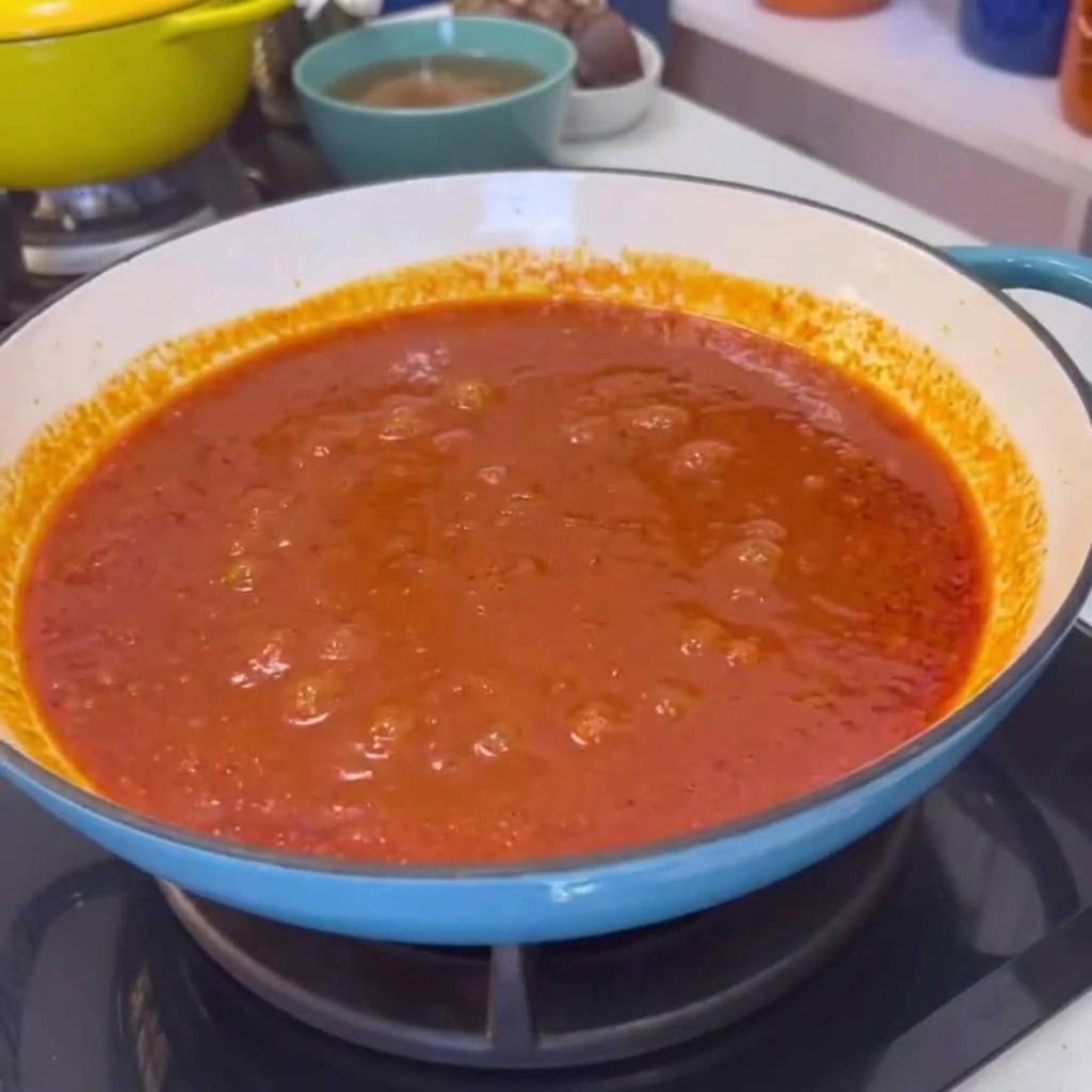 Une grande assiette de peau de porc cuite versée et mélangée dans une sauce chili rouge éclatante à lintérieur dune cocotte bleue.