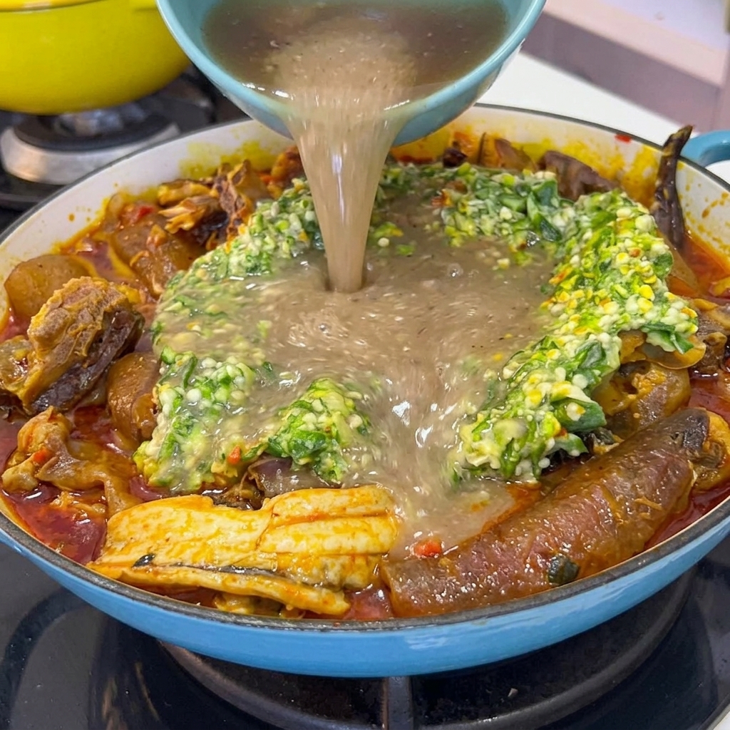 Un riche bouillon dos de bœuf brun versé dun bol dans une grande casserole de cuisson contenant les gombos et les viandes.