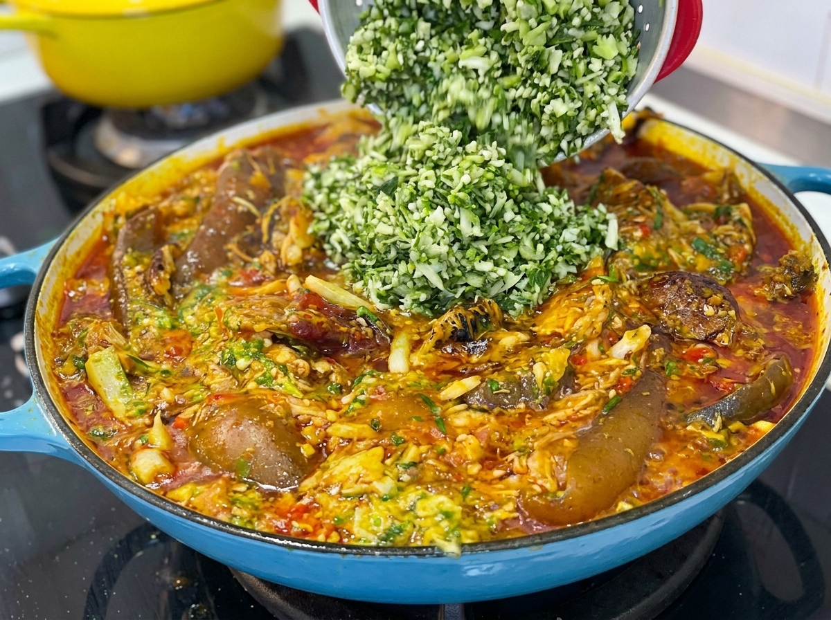 Davantage de gombos verts hachés ajoutés dans une casserole de soupe sur le point de déborder et mélangés délicatement à la spatule.