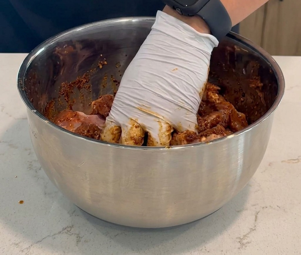 Une main gantée de blanc mélangeant des morceaux de poulet cru avec de la marinade rouge et des épices dans un bol en métal.