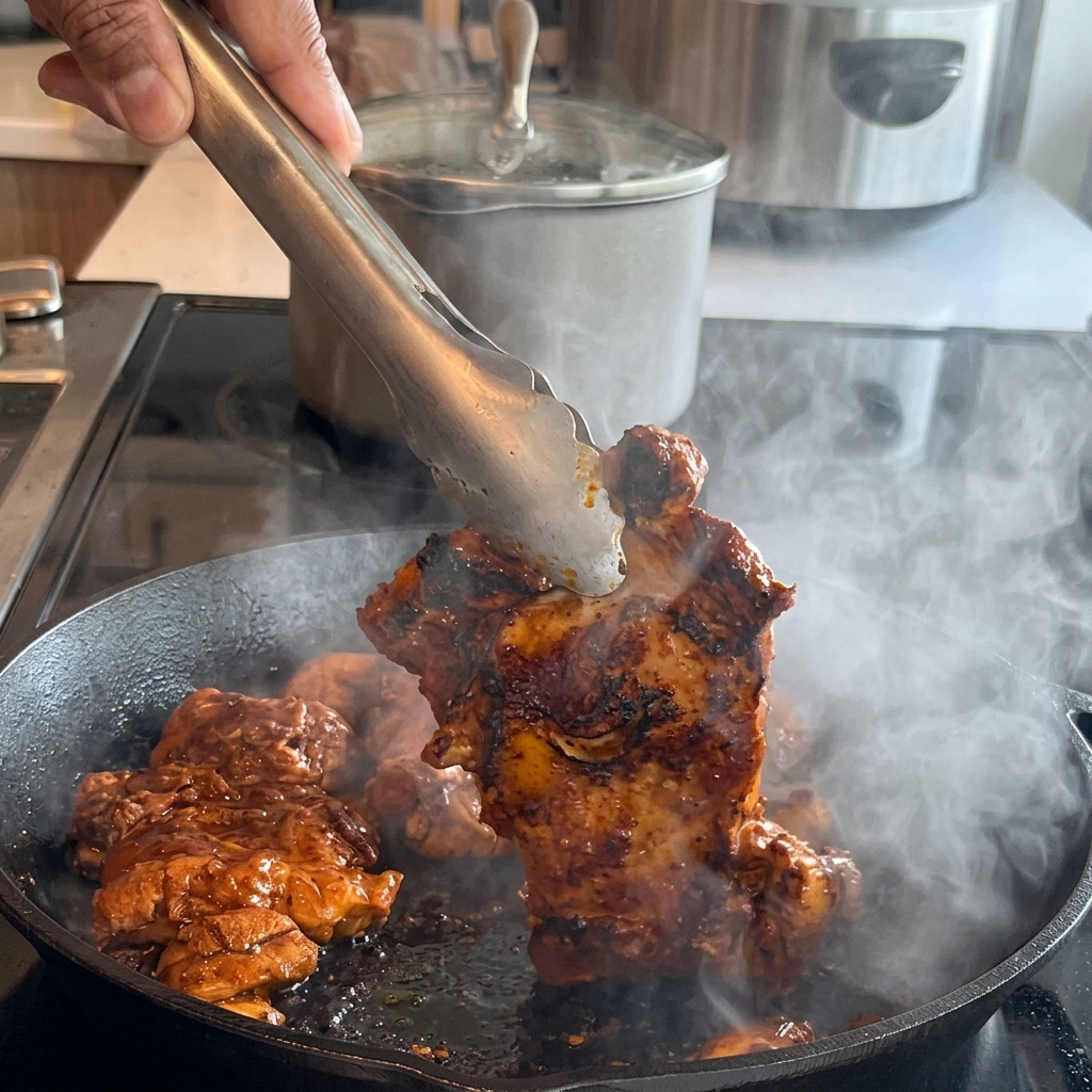 Des pinces soulevant et retournant une cuisse de poulet bien dorée et saisie dans une poêle noire très chaude.