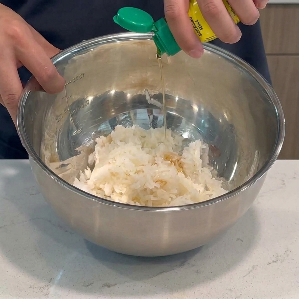 Un filet dhuile versé dune bouteille à bouchon vert sur du riz blanc cuit dans un grand bol en acier inoxydable.
