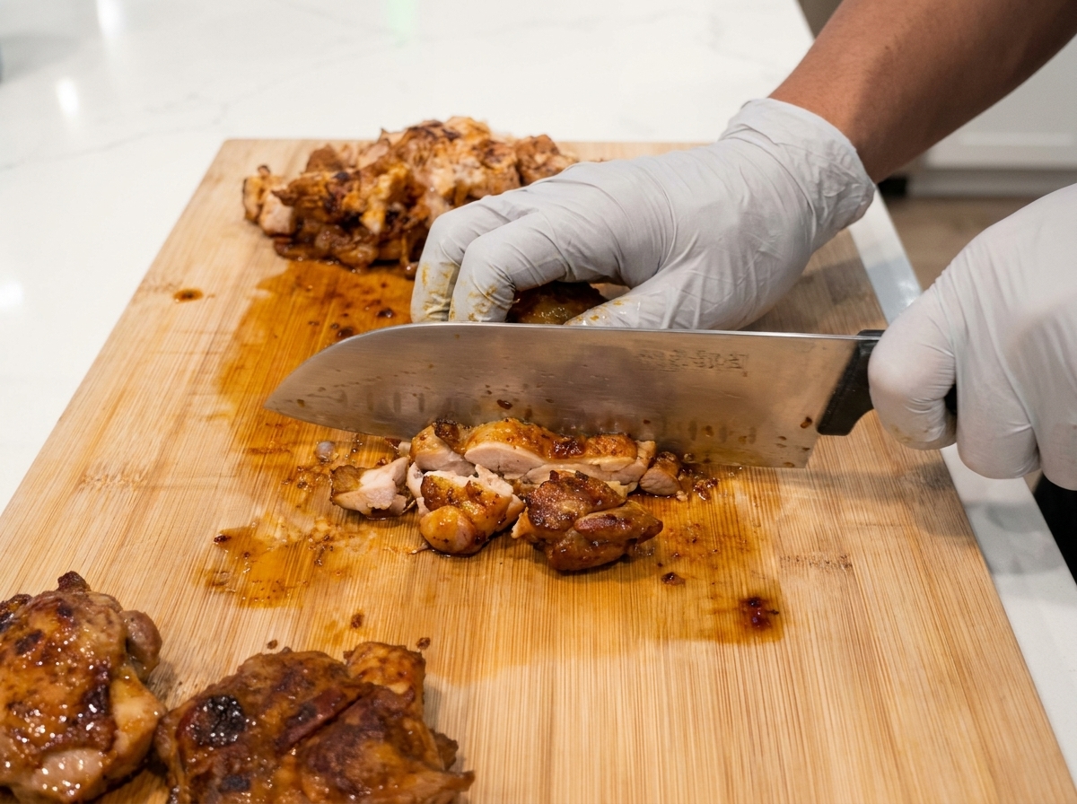 Des mains gantées utilisant un grand couteau de chef pour trancher des hauts de cuisse de poulet cuits en morceaux de taille idéale sur une planche à découper en bois.