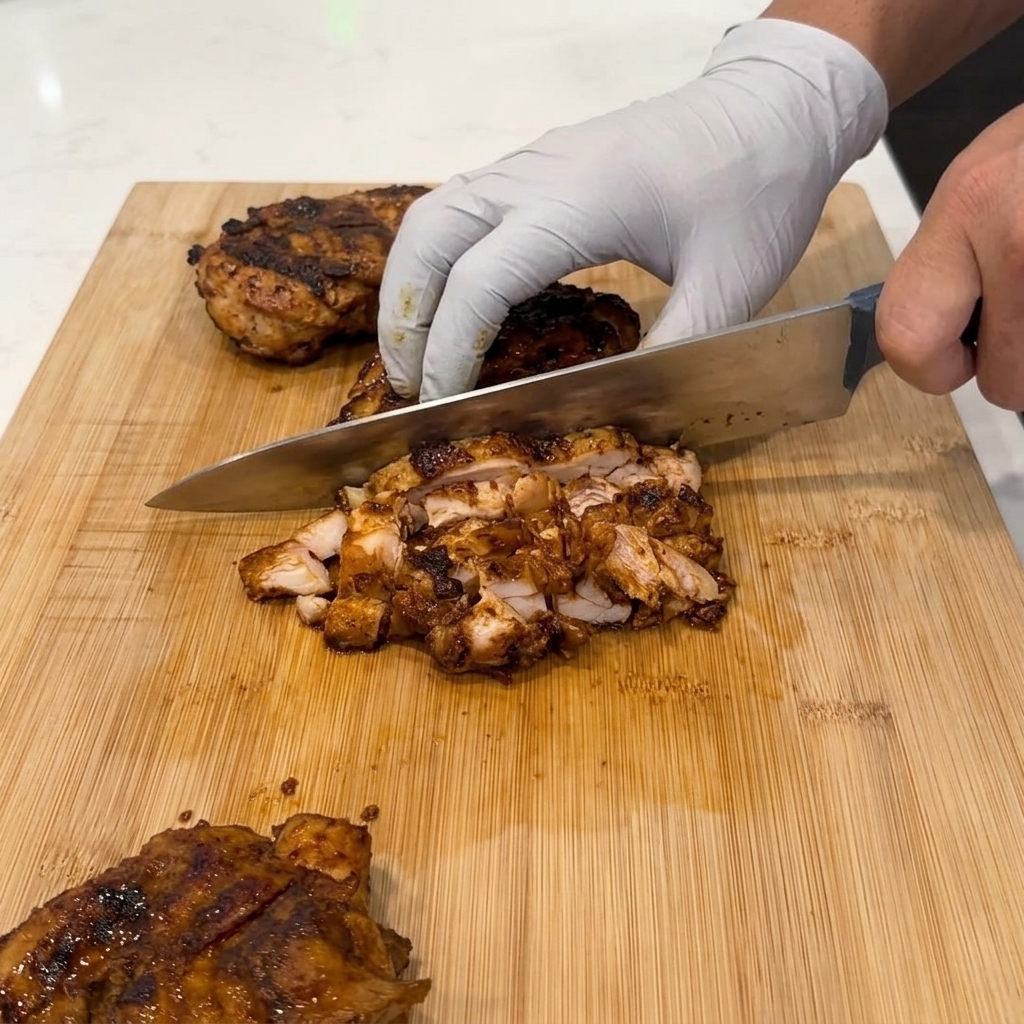 De la sauce adobo au miel foncée versée sur des morceaux de poulet cuits et coupés en dés dans un saladier en acier inoxydable.