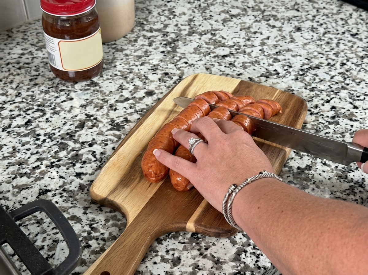 Tranches de saucisse andouille coupées sur une planche à découper en bois avec un couteau.