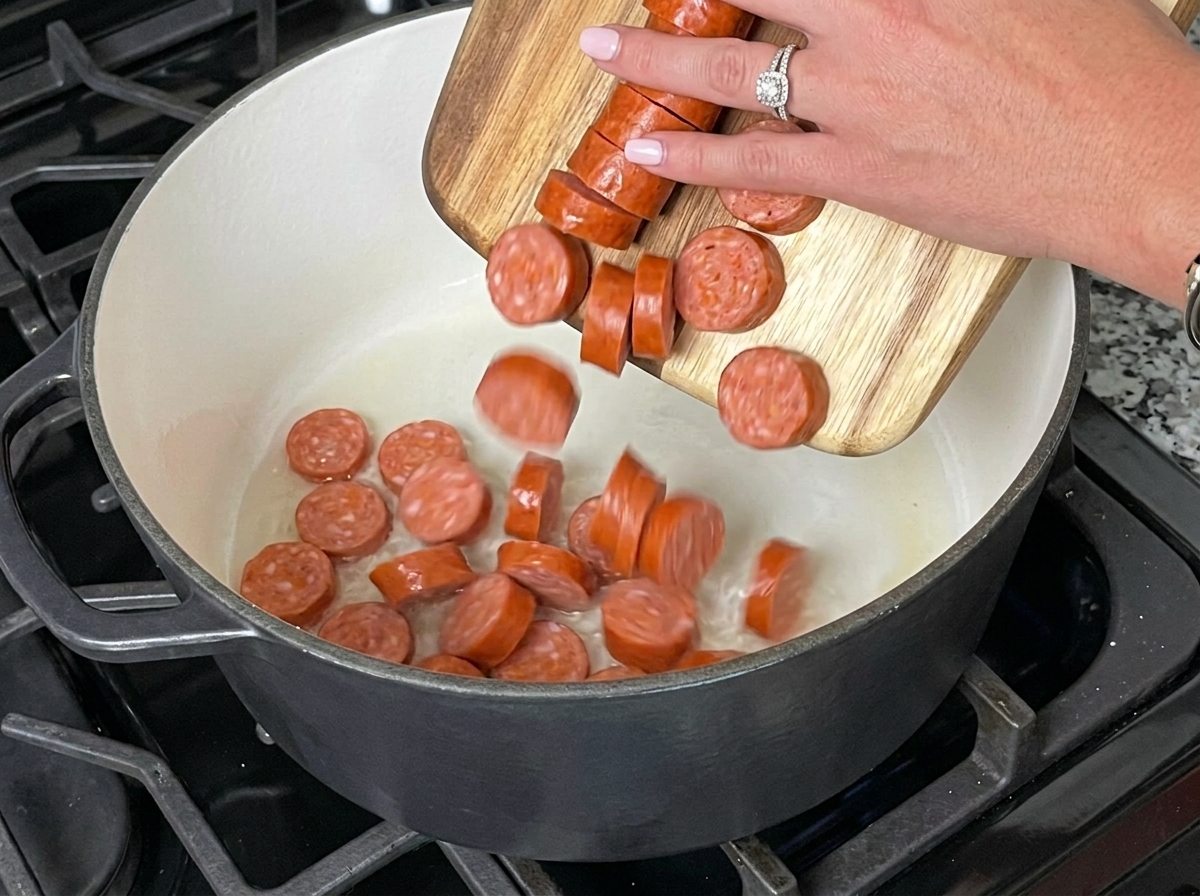 Tranches de saucisse andouille versées dune planche à découper en bois dans une marmite chauffée avec de la matière grasse.