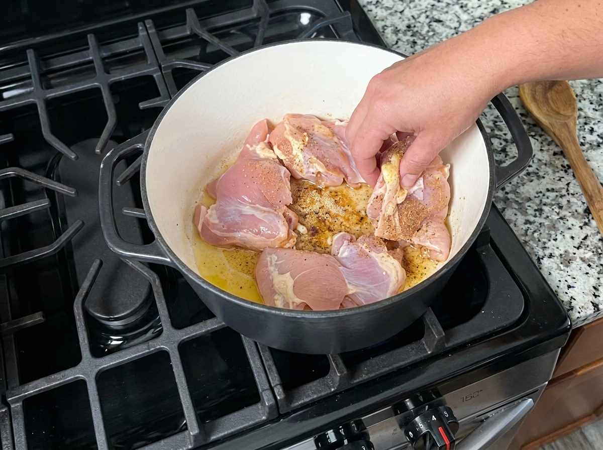Hauts de cuisses de poulet crus, désossés et sans peau, assaisonnés et placés dans une marmite pour les faire dorer.