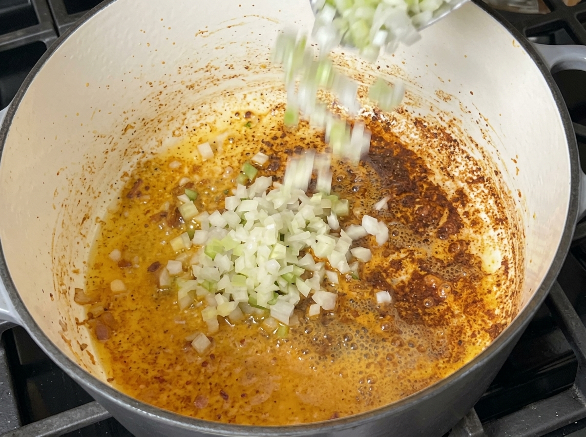 Oignons, céleri et poivrons coupés en dés ajoutés dans une marmite avec des sucs de cuisson au fond.