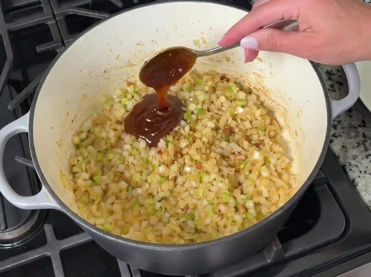 Une cuillerée de roux brun en pot mélangée aux légumes en dés cuits dans une marmite.
