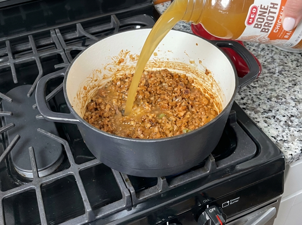 Bouillon dos de poulet versé dune bouteille dans une marmite contenant un mélange de roux sombre et de légumes.