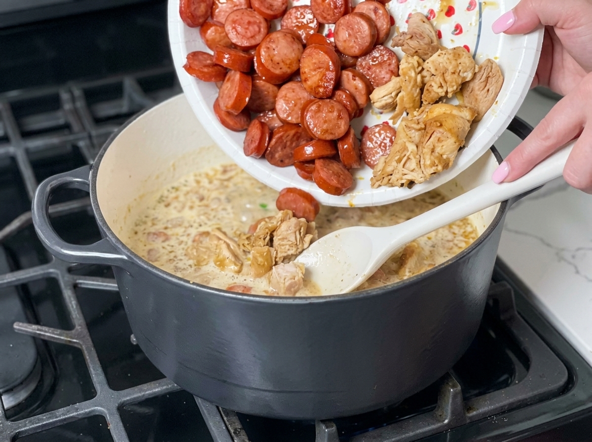 Morceaux de poulet dorés et tranches de saucisse versés dune assiette en carton dans une marmite de gumbo.
