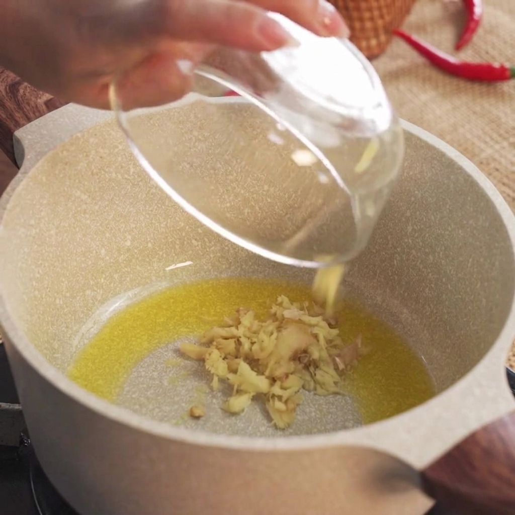 Du gingembre émincé jeté dans de lhuile de cuisson chaude à lintérieur dun pot en céramique.