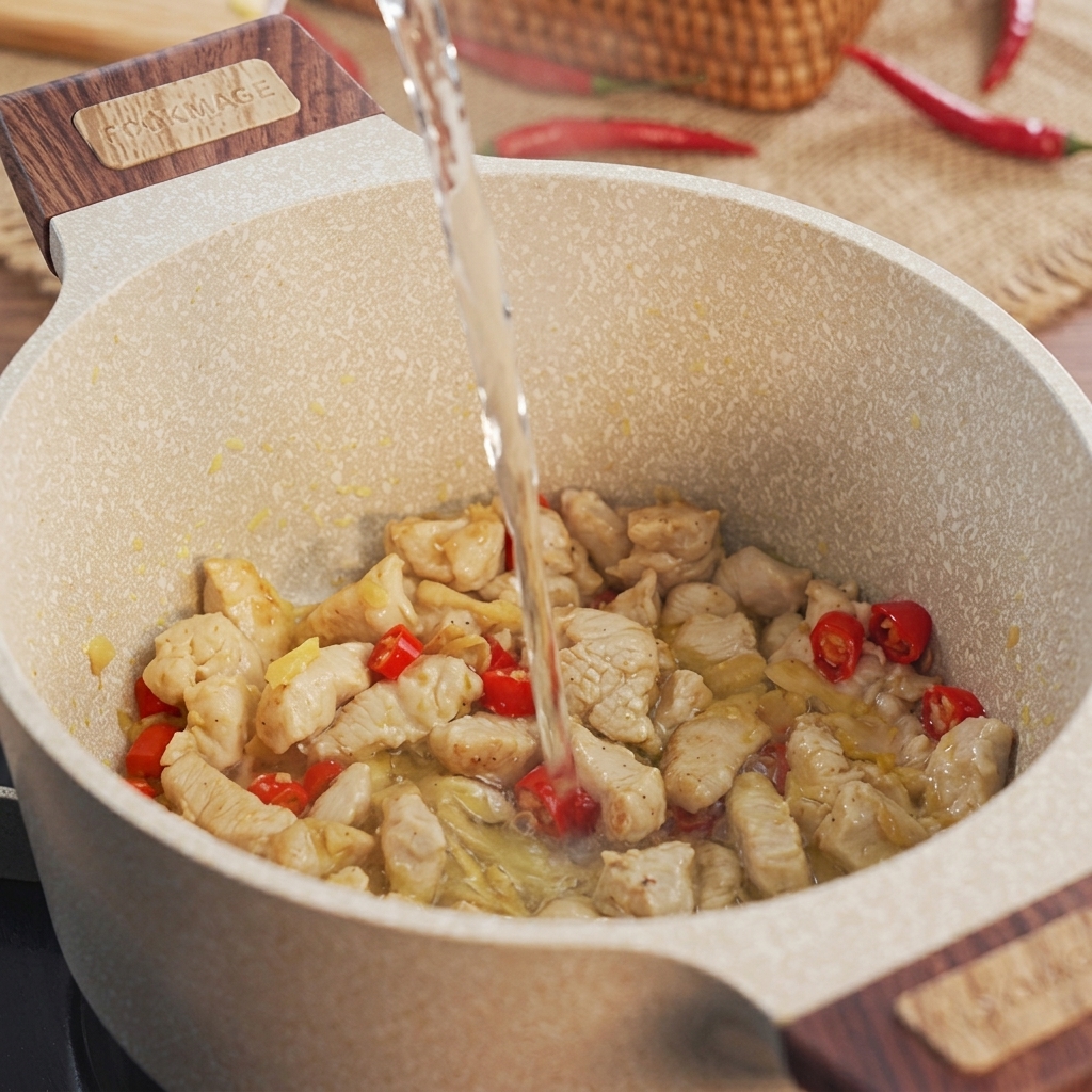 De leau claire versée en filet dans la casserole sur le poulet partiellement cuit et les aromates.