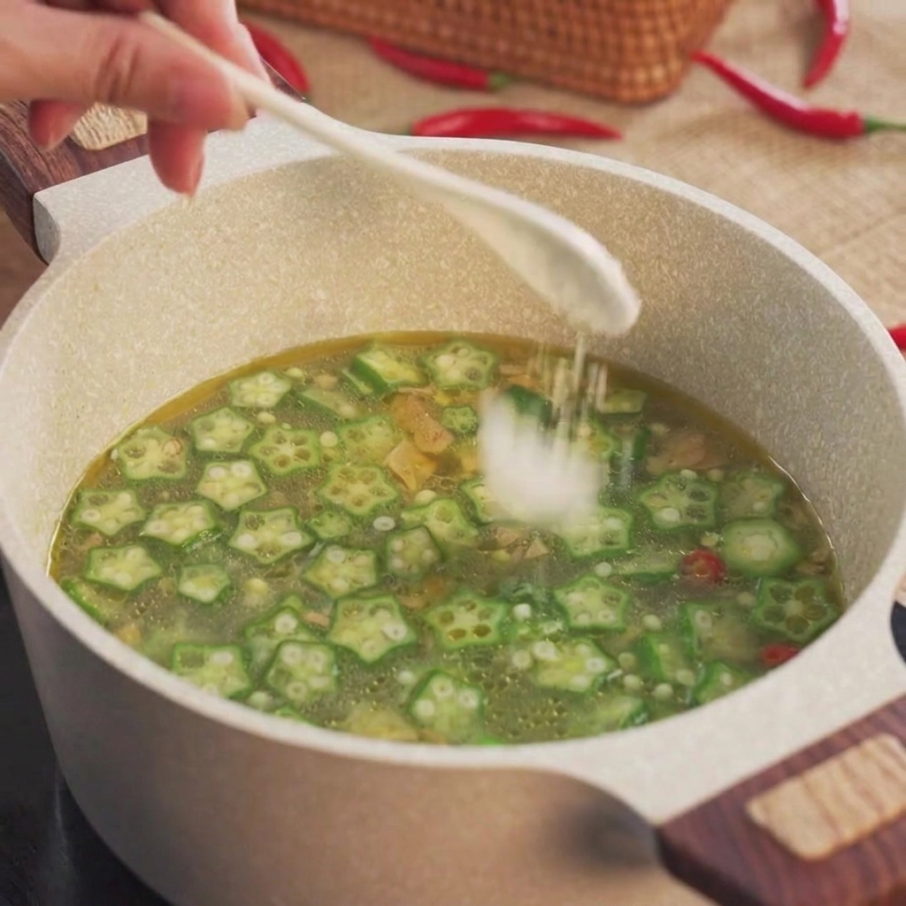 Une cuillère blanche saupoudrant du sel dans une casserole remplie de poulet, de tranches de gombos en étoile et de bouillon frémissant.