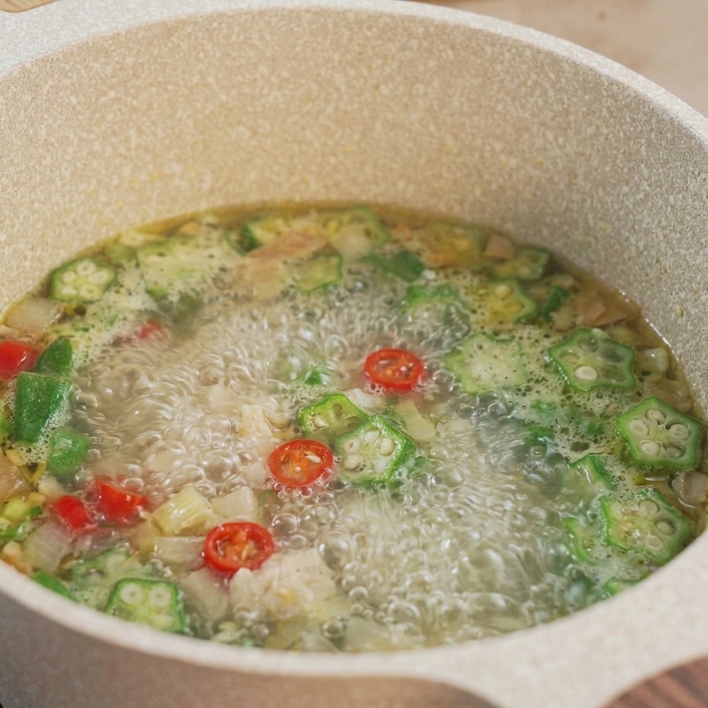 Une soupe vibrante bouillant vigoureusement dans une casserole avec des tranches de gombos vert vif, des piments rouges et du poulet cuit.